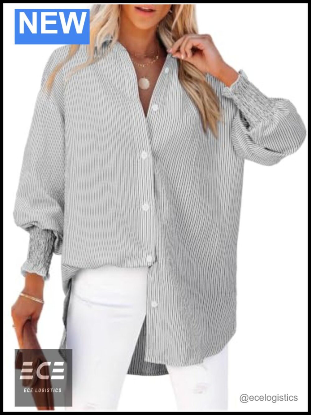 Striped Button Down Shirt Long Sleeve Smocked Cuffed Oversized Blouse